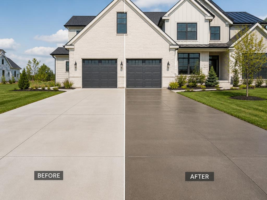 Before and after comparison of a sealed concrete driveway