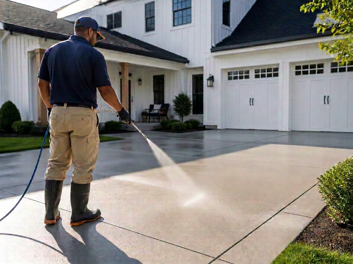 Professional concrete sealing application on a suburban driveway